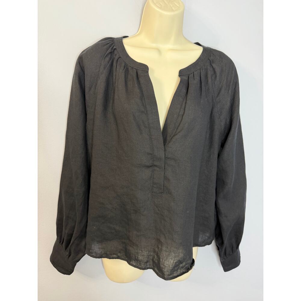 J. Crew Cabana Linen V Neck Blouse Black Long Sleeve Sz M Casual Wardrobe - Picture 5 of 13